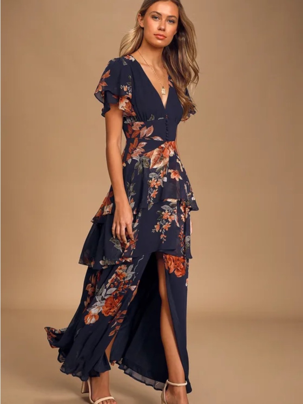 Midnight Mood Navy Blue Floral Print Tiered Maxi Dress M